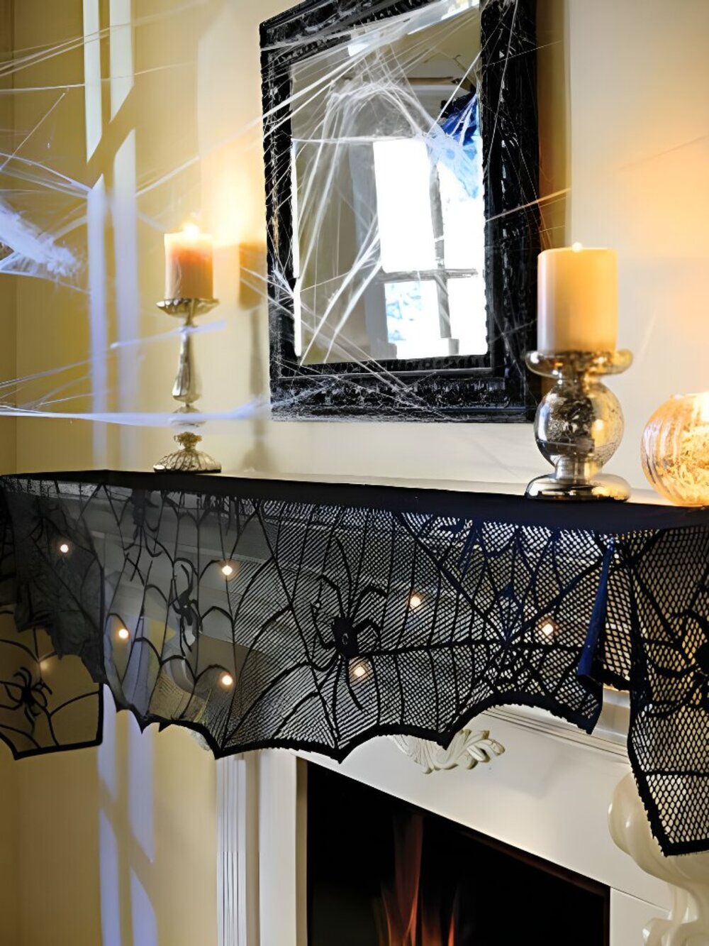 Halloween Decorations Indoor - Mantel with String Lights Lace Spiderweb Decor
